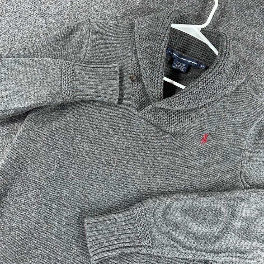 Ralph Lauren Sport Sweater Womens L Large Gray Shawl Collar Cotton Knit Pullover